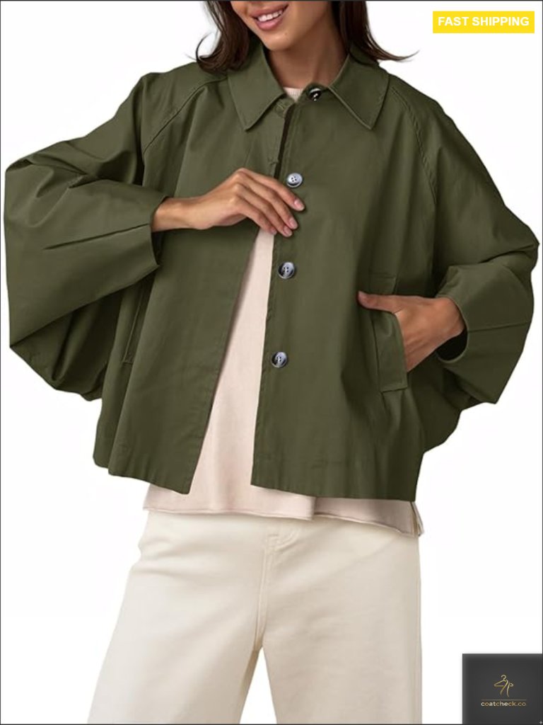 Cropped Trench Coat Lightweight Batwing Sleeve Button Front Casual Outerwear